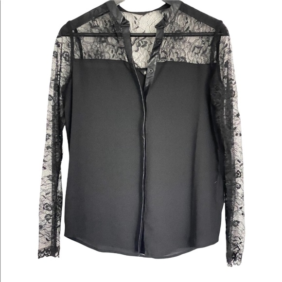 Express Tops - Express Long Sleeve Lace and Vegan Leather Trim Blouse Size M
